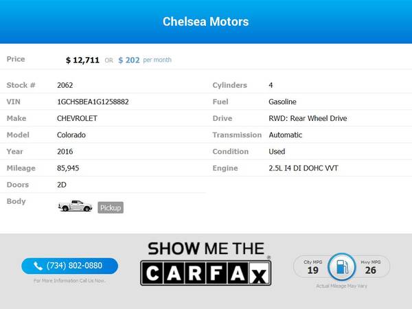 2016 Chevrolet *Colorado* *Work* *Truck* *Extended* *Cab* for ONLY... for sale in Chelsea, MI – photo 2