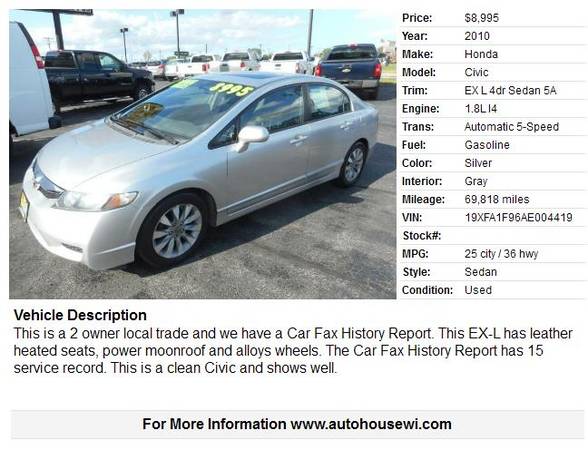 2010 Honda Civic EX L 69,818 Miles leather Moonroof Loaded sharp! for sale in Waukesha, WI – photo 2