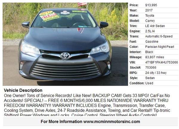 2017 Toyota Camry LE - One Owner! Tons of Service Records! Backup Cam! for sale in Athens, TN – photo 2