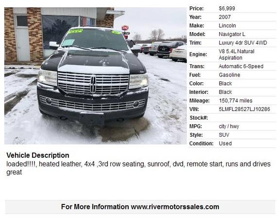 2007 Lincoln Navigator L Luxury 4dr SUV 4WD 150774 Miles - cars &... for sale in Portage, WI – photo 2