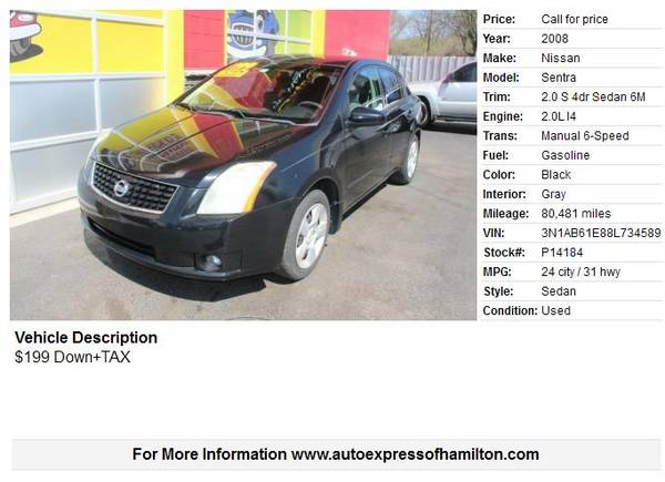 2008 Nissan Sentra 199 Down TAX BUY HERE PAY HERE for sale in Hamilton, OH – photo 2