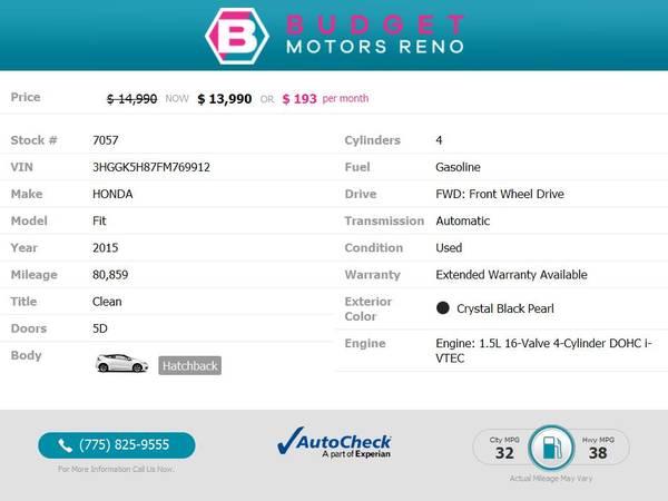 2015 Honda Fit EX-L Hatchback 80, 859 221/mo - - by for sale in Reno, NV – photo 2