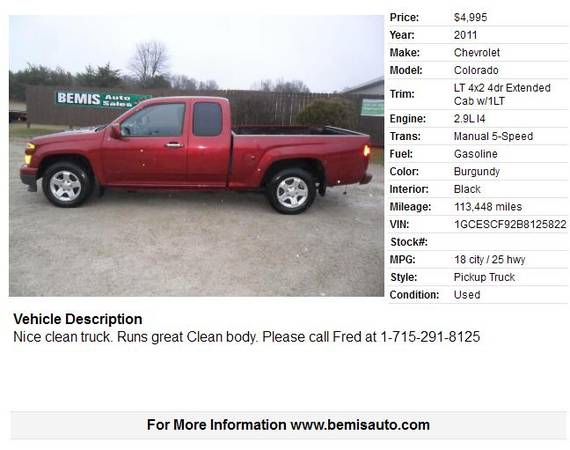 2011 CHEVY COLORADO 4X2 - cars & trucks - by dealer - vehicle... for sale in Crivitz, MI – photo 2
