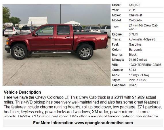 2011 CHEVY COLORADO LT*CREW CAB*94K*Z71*BED COVER*4WD*VERY CLEAN!! for sale in Glidden, IA – photo 2