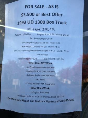 1993 UD 1300 Box Truck - cars & trucks - by owner - vehicle... for sale in Chico, CA – photo 3
