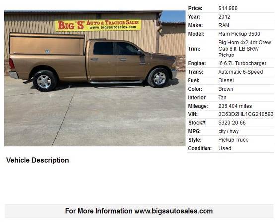 2012 RAM 3500 CREW CAB! BIG HORN! LONG BED! 6.7L DIESEL!!! - cars &... for sale in Blanchard, OK – photo 2