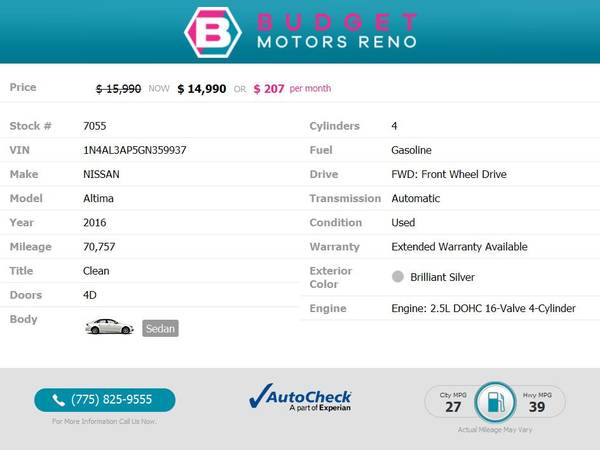 2016 Nissan Altima 2 5 S Sedan 70, 757 238/mo - - by for sale in Reno, NV – photo 2