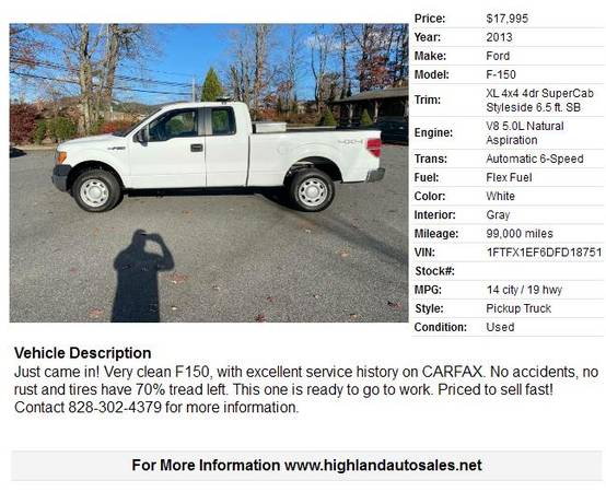 2013 Ford F-150 XL 4x4 4dr SuperCab Styleside 6.5 ft. SB 99000 Miles... for sale in Boone, NC – photo 2