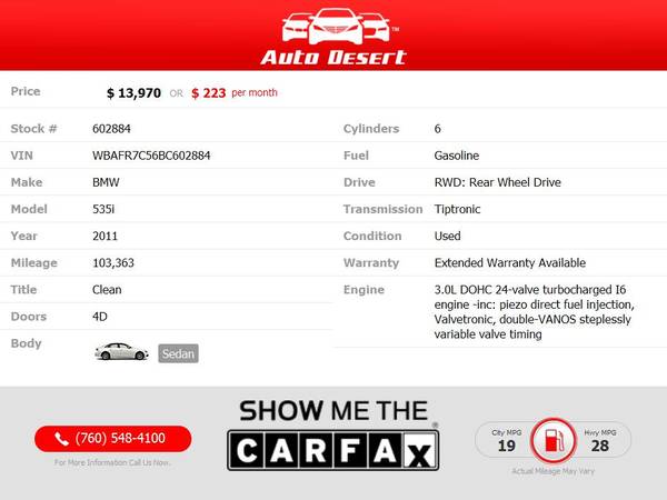 2011 BMW *535i* *535 i* *535-i* $223/mo - cars & trucks - by dealer... for sale in Palm Desert , CA – photo 2