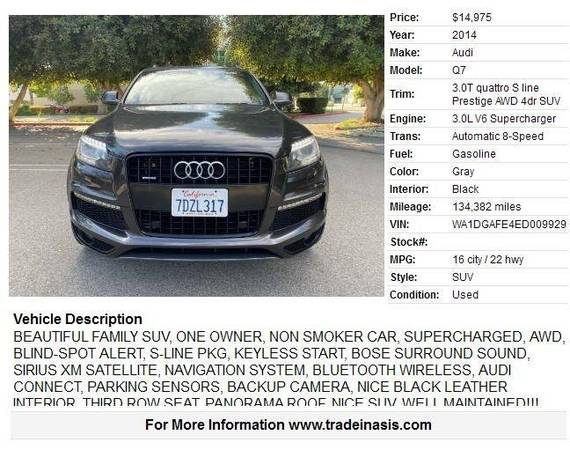 2014 Audi Q7 3.0T quattro S line Prestige AWD, ONE OWNER!!!4dr SUV for sale in Panorama City, CA – photo 3