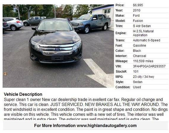 10 FORD FUSION S BLACK 1 OWNER SUPER CLEAN W C/FAX NEW BRAKES JUST... for sale in Braintree, MA – photo 2