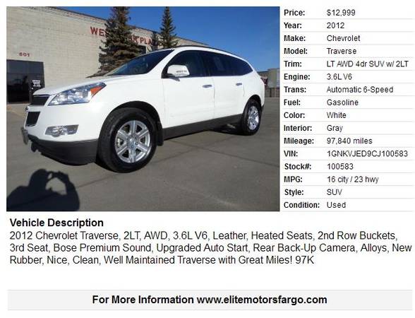 2012 Chevrolet Traverse, 2LT, Leather, New Rubber, 97K, Nice! - cars for sale in Fargo, ND – photo 2